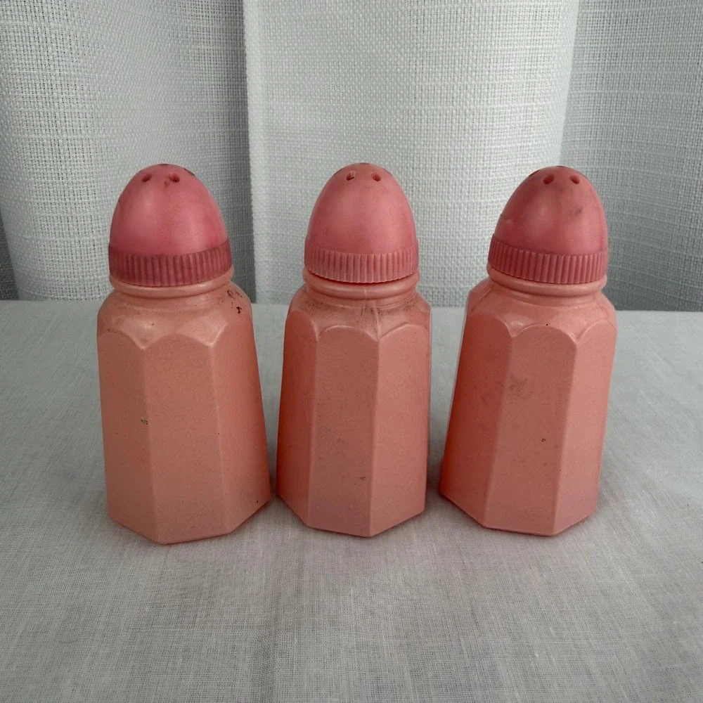 Vintage Pink Plastic Salt and Pepper Shakers Set of 3 Octagonal Retro Kitchen